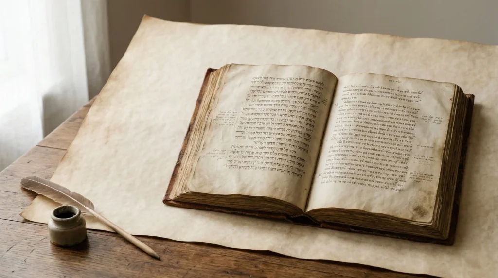 Manuscrito bíblico antiguo abierto con texto en hebreo y griego sobre mesa de estudio con pluma y tinta, representando el estudio histórico de la Biblia y el período del exilio hasta el Nuevo Testamento.