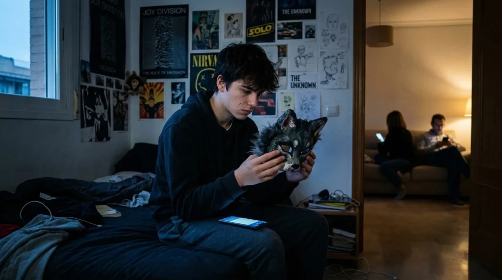 Adolescente observa máscara de lobo en su habitación mientras sus padres usan el celular en otra sala, representación visual de la crisis de identidad juvenil y el fenómeno Therian.