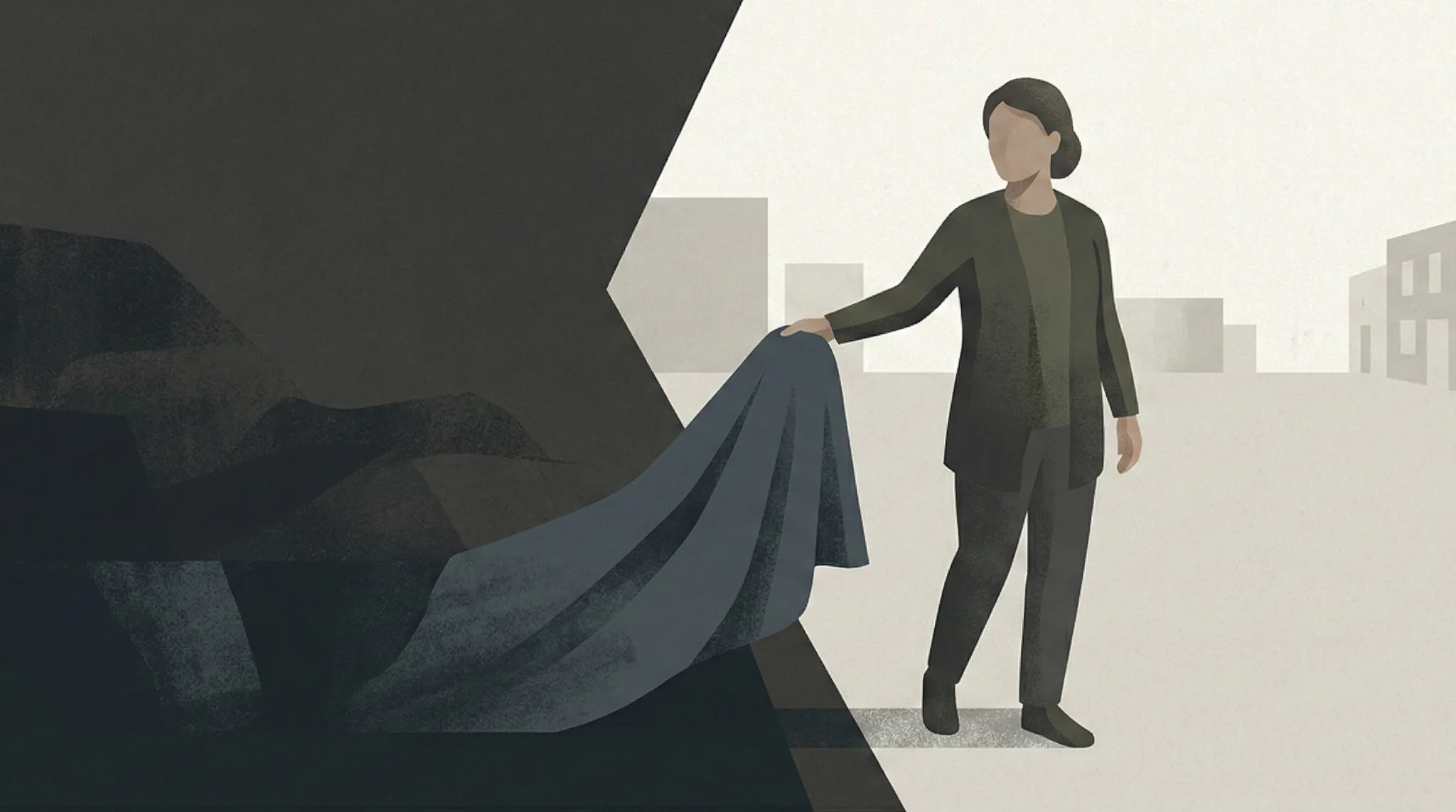 Ilustración editorial simbólica de mujer sosteniendo un manto entre sombra y luz, representación de la hesed en el libro de Ruth y la gramática de la gracia.