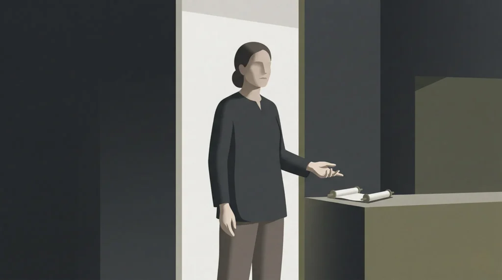 Huldá, profetisa bíblica, en una escena simbólica interior pronunciando la Palabra de Dios, con un rollo sobre una mesa y un entorno minimalista que representa discernimiento y autoridad espiritual