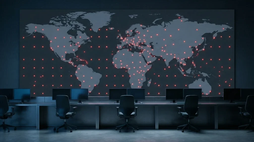 Sala de monitoreo global con mapa mundial iluminado por múltiples puntos rojos que representan conflictos armados activos en el mundo, simbolizando la normalización de la guerra y la vigilancia geopolítica permanente.