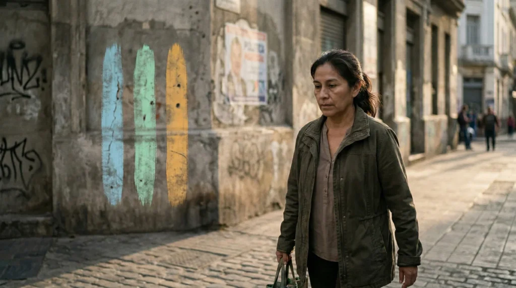 Mujer latinoamericana caminando por calle urbana con muro desgastado y tres líneas en azul, verde y naranja, símbolo de justicia cristiana en América Latina.