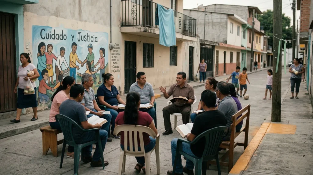 Comunidad cristiana reunida en un barrio latinoamericano estudiando la Biblia sobre justicia y fe frente a un mural de “Cuidado y Justicia”, inspirado en Miqueas 6:8.