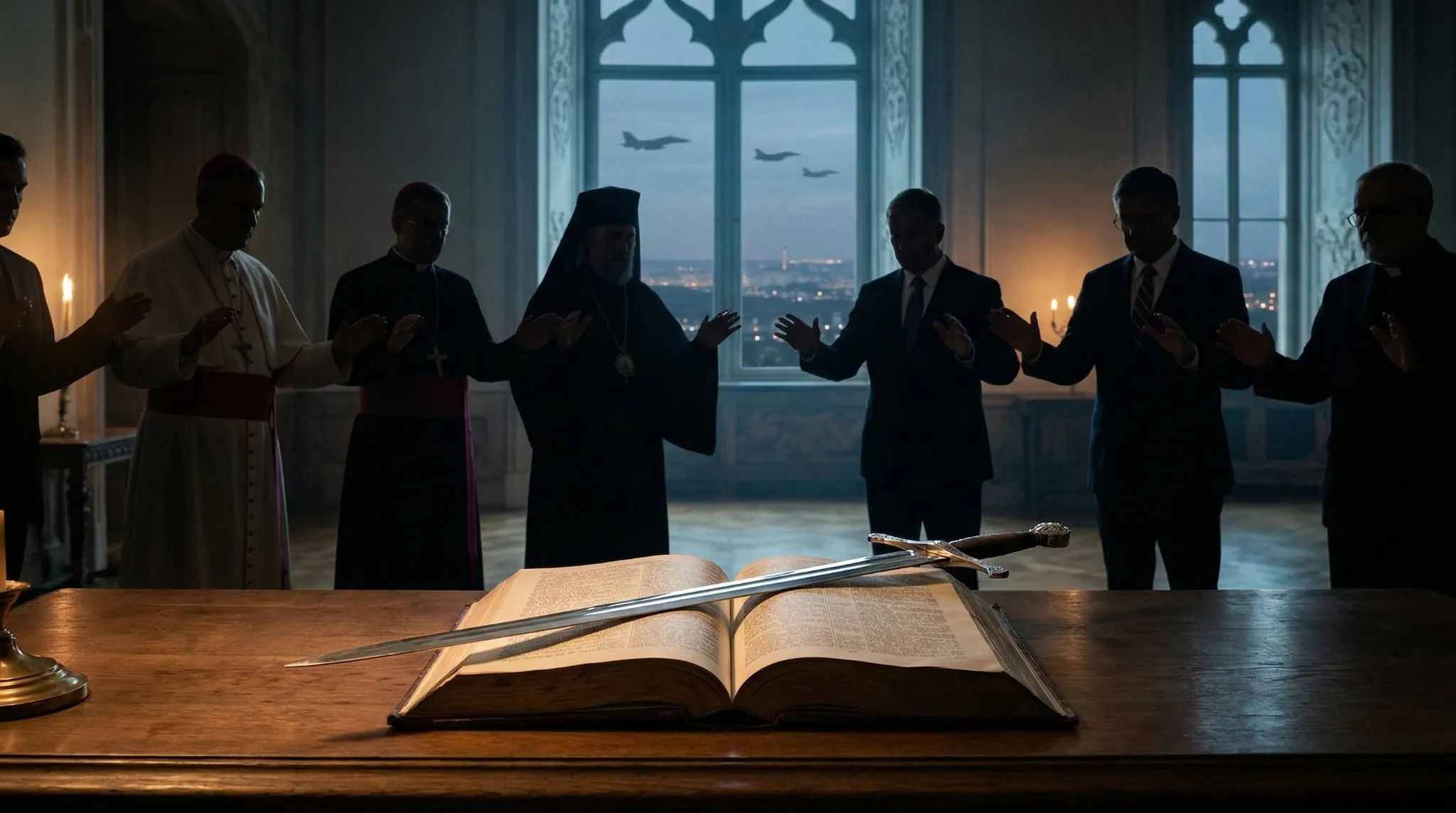 Pastores y clérigos cristianos levantan las manos en oración detrás de una Biblia abierta con una espada encima, mientras aviones de guerra vuelan al fondo, simbolizando la relación entre fe, poder político y guerra.