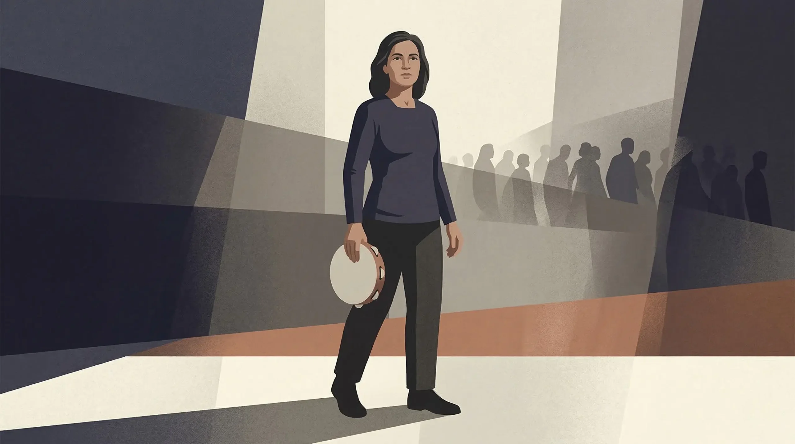 Miriam, profeta bíblica, sosteniendo un tamboril mientras lidera al pueblo tras el Éxodo, ilustración editorial sobre liderazgo femenino en la Biblia.