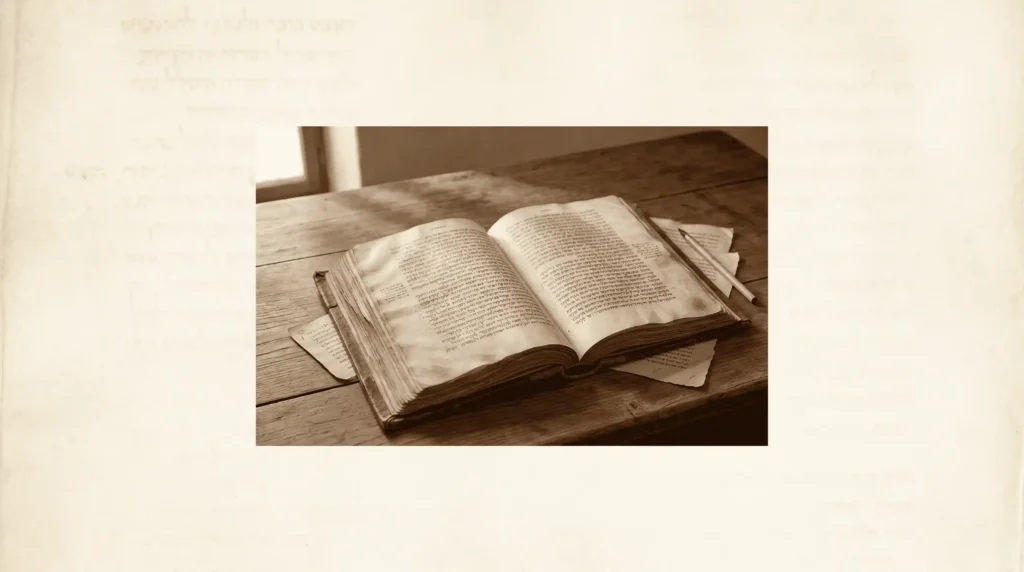 Manuscrito bíblico antiguo abierto con escritura hebrea sobre mesa de estudio, imagen editorial sobre reyes, profetas y la caída de Jerusalén en la historia de Israel