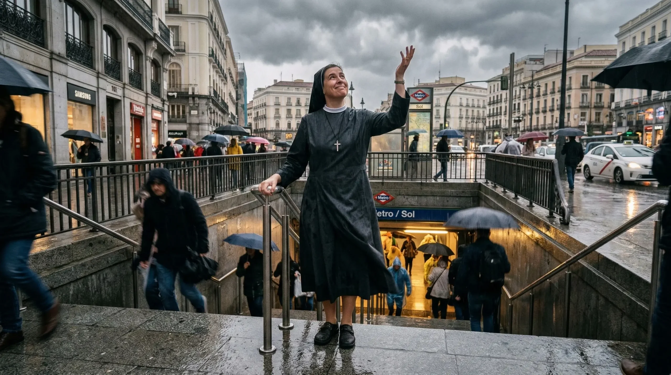Monja bajo la lluvia levantando la mano al cielo en la entrada del metro reflexionando sobre discutir con Dios y la oración cristiana