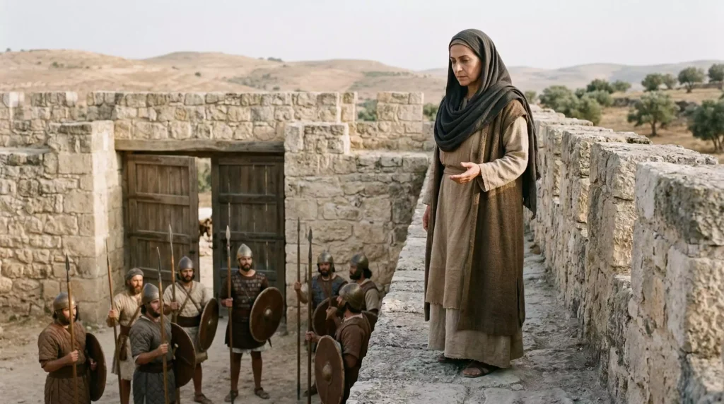 mujer sabia de Abel Bet-Maaca hablando con soldados desde la muralla de la ciudad durante el asedio narrado en 2 Samuel 20