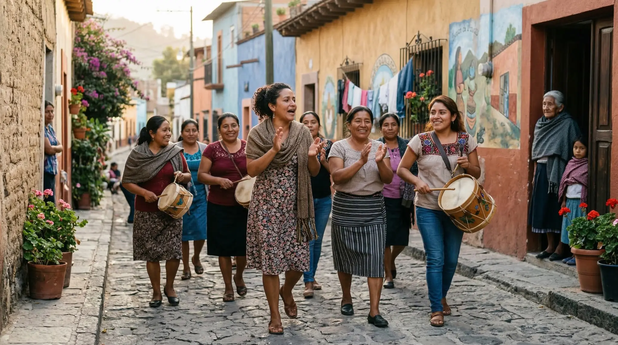 Mujeres caminando por una calle latinoamericana anunciando la buena noticia con cantos y tambores, inspiradas en el Salmo 68 sobre la proclamación de la liberación.
