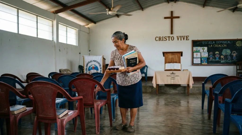 Mujer en una iglesia latinoamericana preparando todo para el servicio dominical en una iglesia pentecostal.