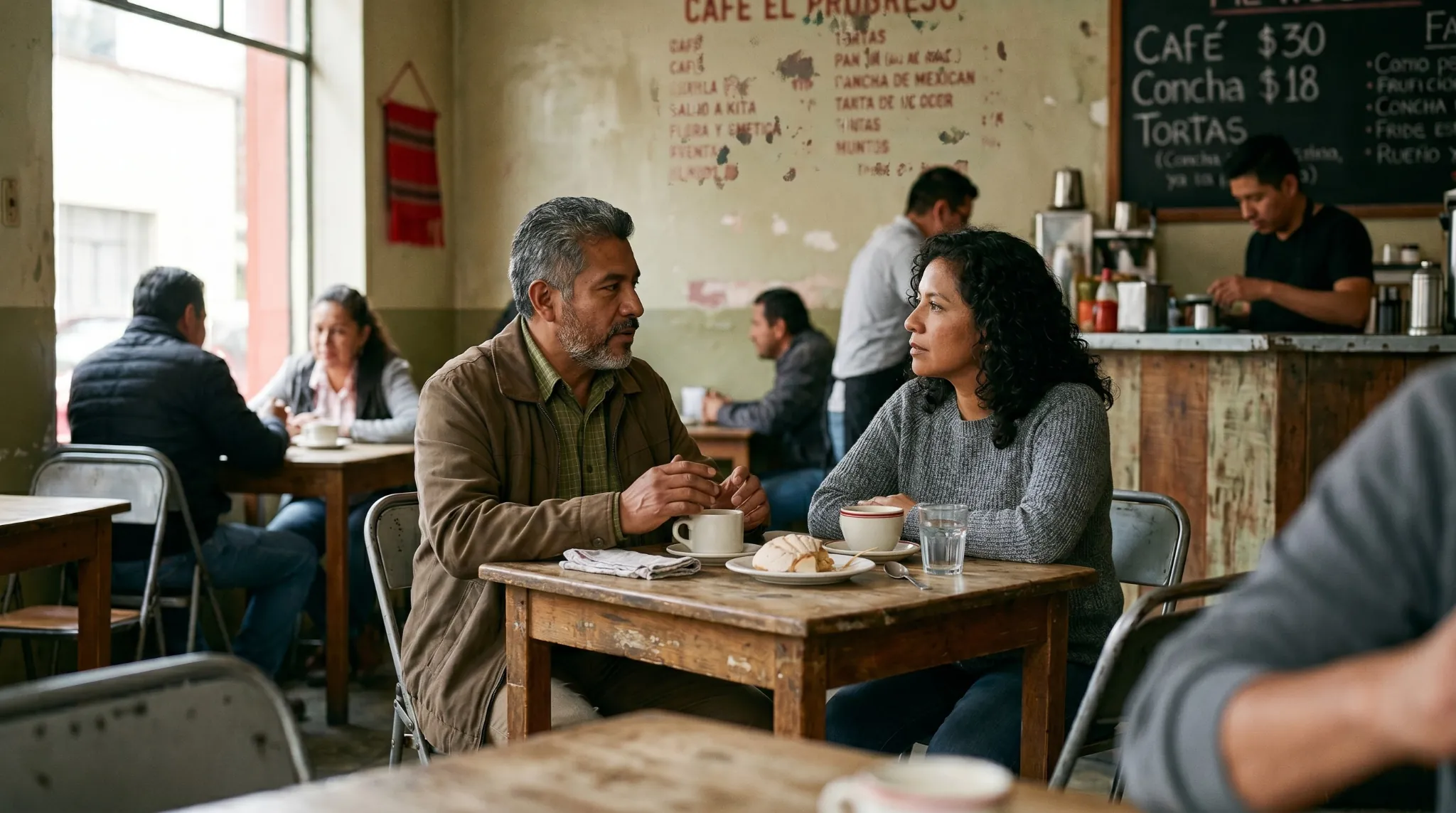 Dos personas conversan en un café sencillo en México compartiendo pan y café en una escena cotidiana que refleja escucha y comprensión en comunidad