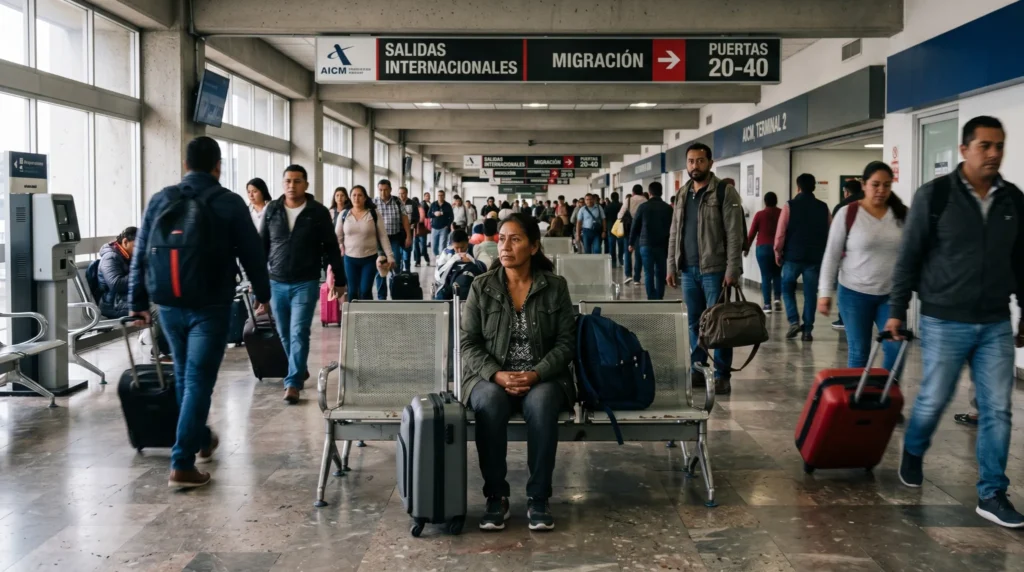 Mujer migrante sentada en una banca en el Aeropuerto Internacional de Ciudad de México mientras personas caminan a su alrededor con maletas