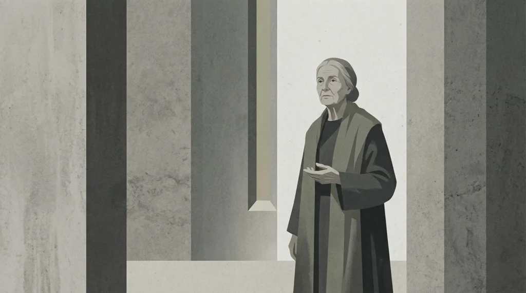 Ilustración editorial de Ana, profeta bíblica anciana, en un espacio arquitectónico abstracto con luz vertical, simbolizando el fin del silencio profético en Israel y la presencia del Espíritu en Lucas 2.