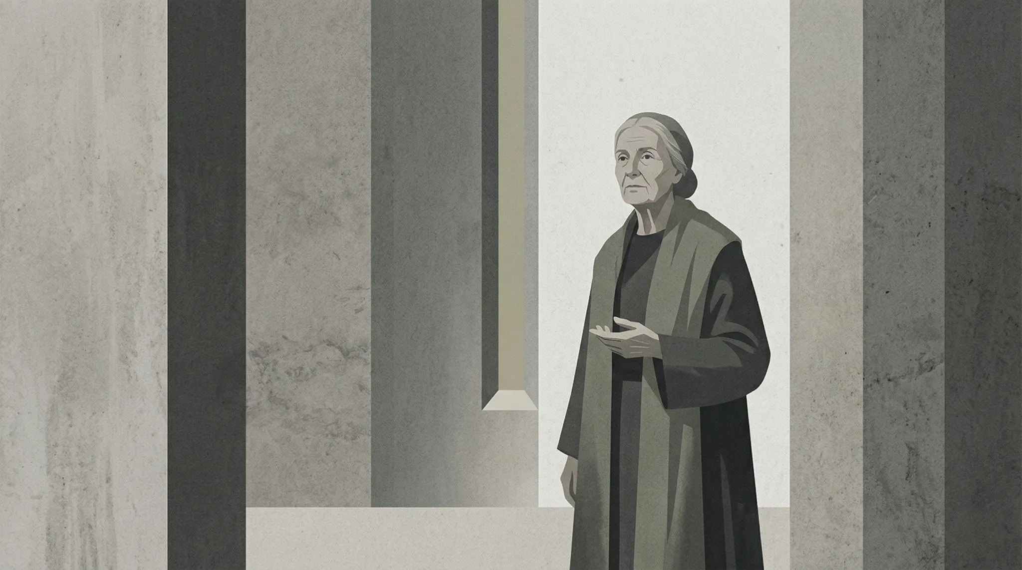 Ilustración editorial de Ana, profeta bíblica anciana, en un espacio arquitectónico abstracto con luz vertical, simbolizando el fin del silencio profético en Israel y la presencia del Espíritu en Lucas 2.