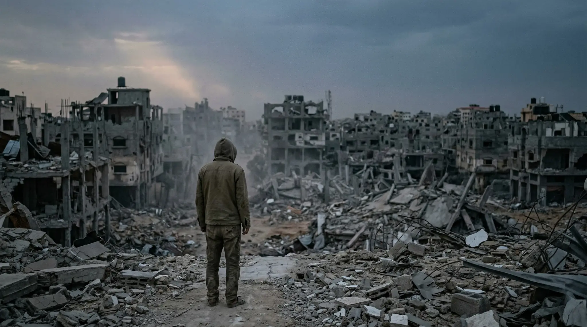 paisaje devastado en gaza con figura humana de espaldas entre ruinas y destrucción urbana en contexto de conflicto y reflexión teológica