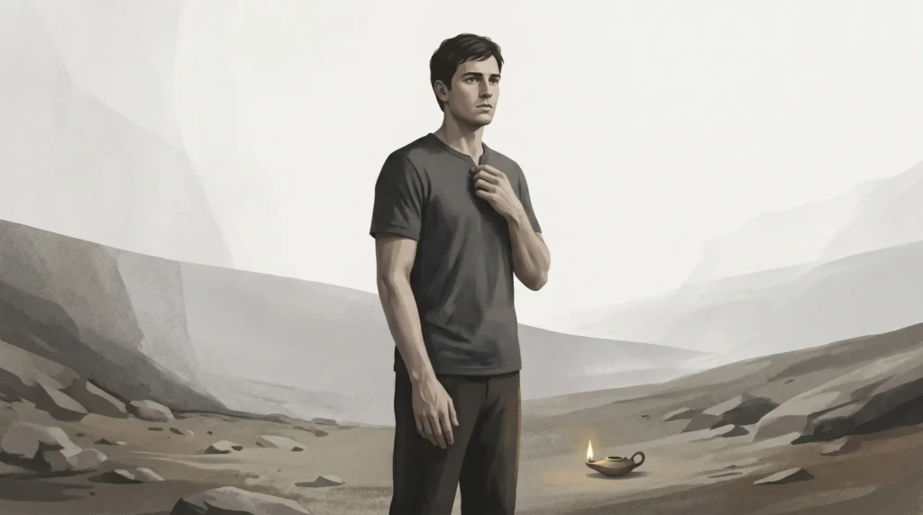 Ilustración editorial de joven que representa a David ungido en espera, en paisaje árido con lámpara encendida simbolizando llamado y proceso espiritual