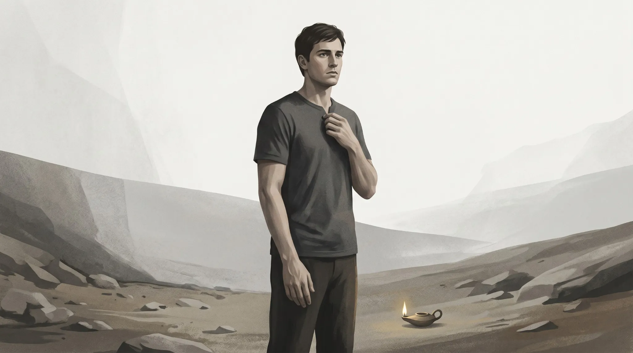 Ilustración editorial de joven que representa a David ungido en espera, en paisaje árido con lámpara encendida simbolizando llamado y proceso espiritual