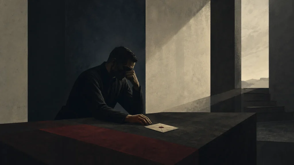 Ilustración editorial de David ante una carta sellada, símbolo del abuso de poder contra Urías en 2 Samuel 11.