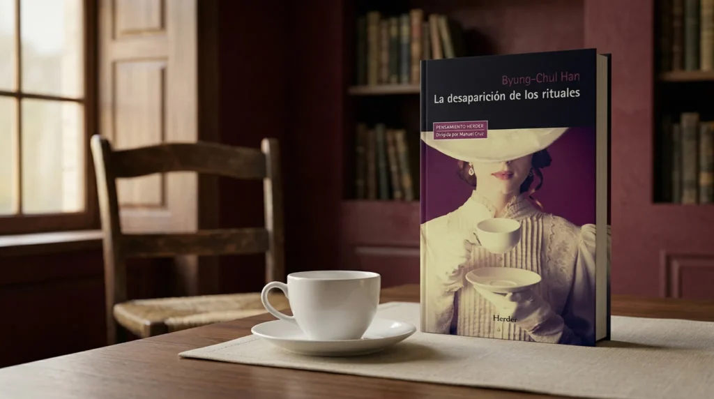 Libro La desaparición de los rituales de Byung-Chul Han sobre mesa con taza de café en ambiente cálido y minimalista, simbolizando pausa, ritual y vida cotidiana contemporánea.