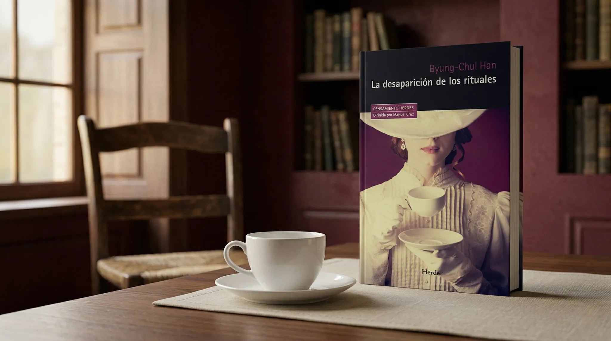 Libro La desaparición de los rituales de Byung-Chul Han sobre mesa con taza de café en ambiente cálido y minimalista, simbolizando pausa, ritual y vida cotidiana contemporánea.