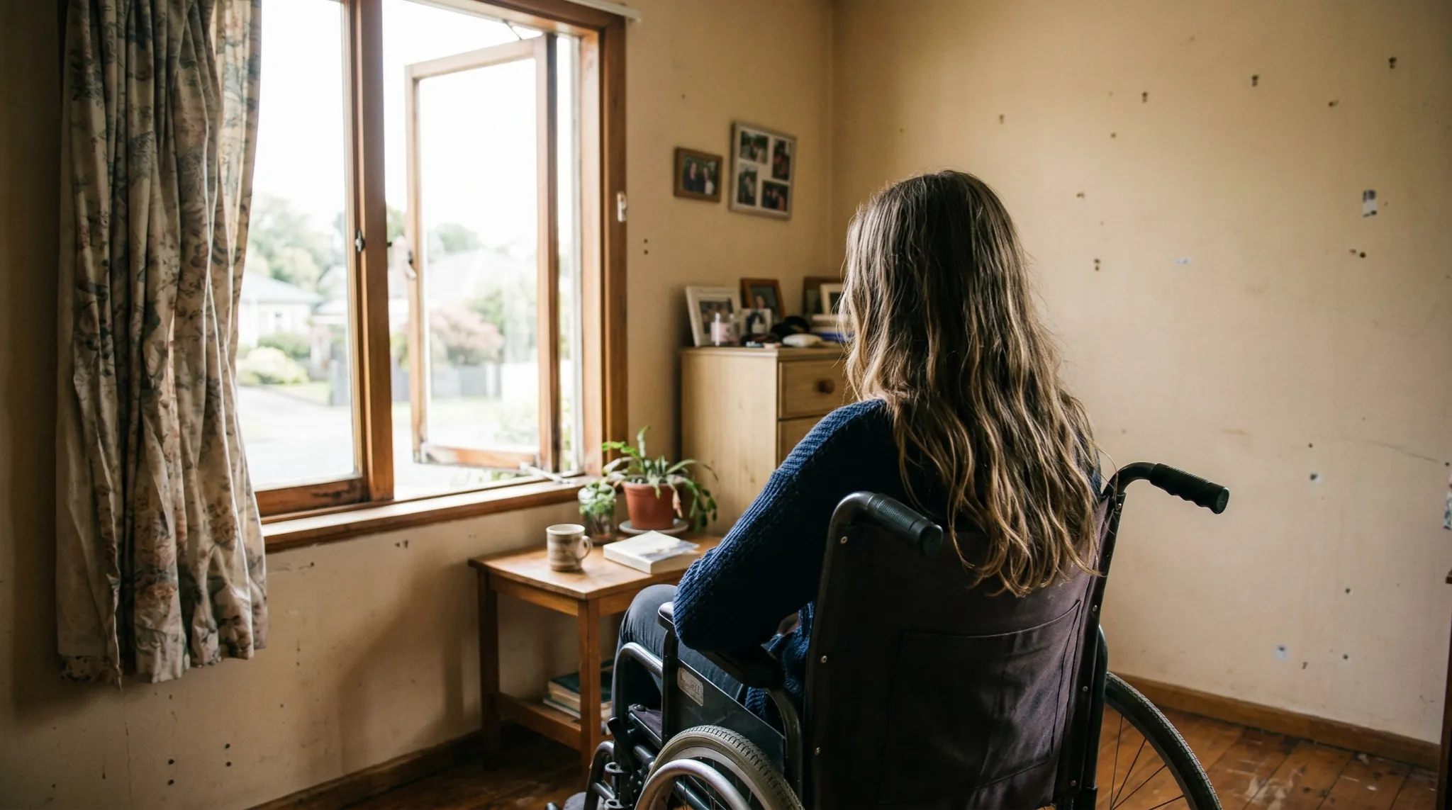 Mujer joven en silla de ruedas de espaldas mirando por la ventana en una habitación sencilla, escena que refleja autonomía, cuidado y reflexión sobre la eutanasia.
