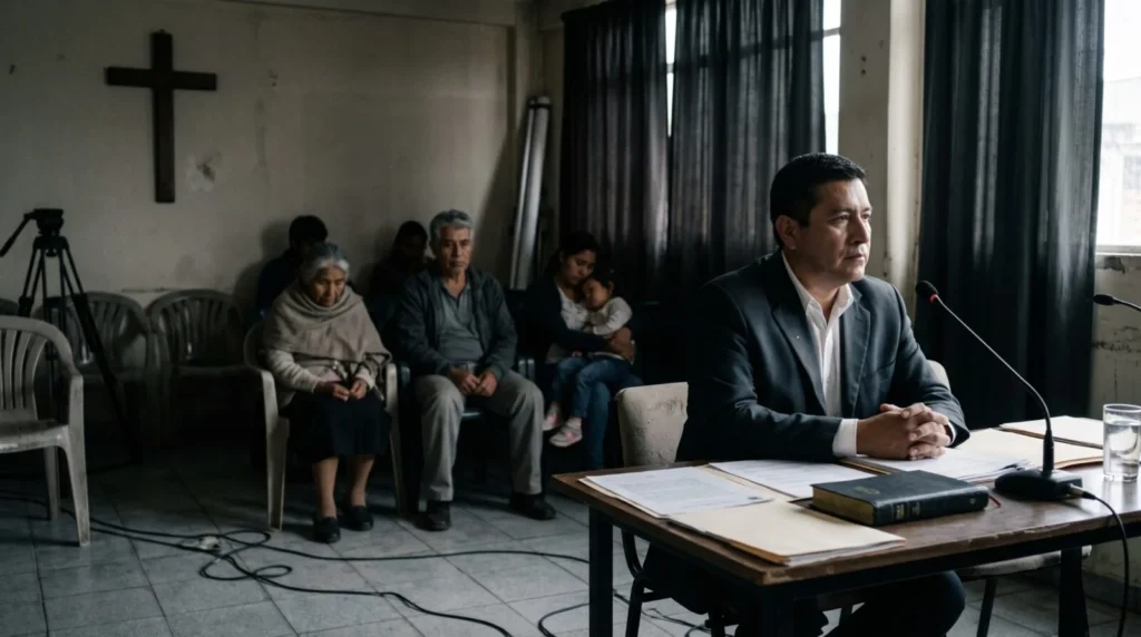 Fotografía editorial sobre fe y poder en Ecuador, con una figura política en un espacio institucional religioso y ciudadanos esperando al fondo.