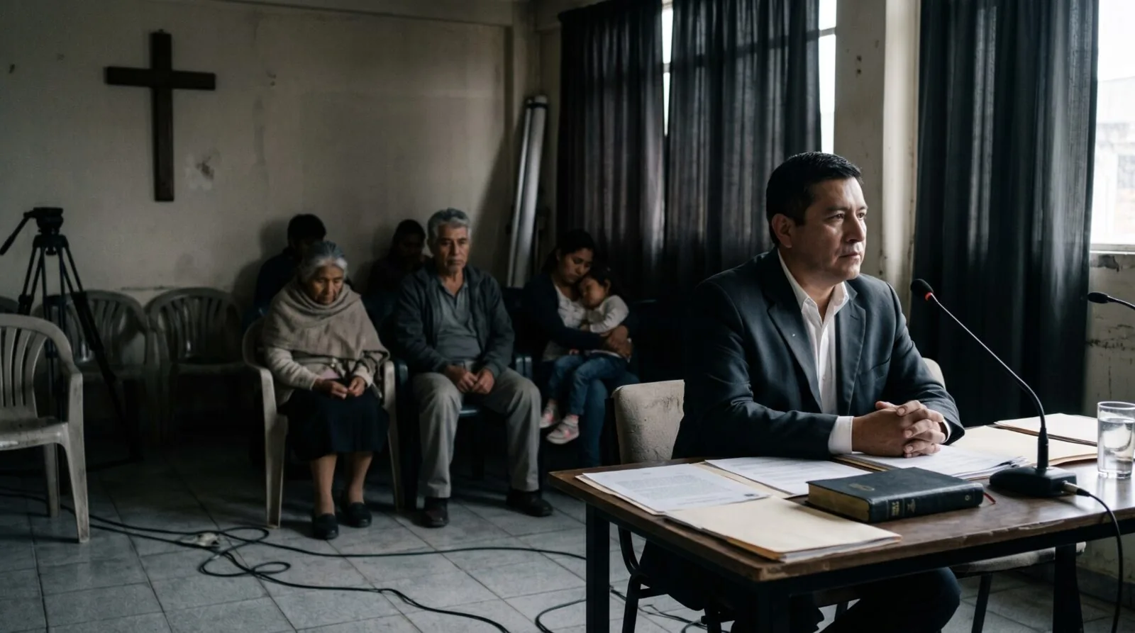 Fotografía editorial sobre fe y poder en Ecuador, con una figura política en un espacio institucional religioso y ciudadanos esperando al fondo.