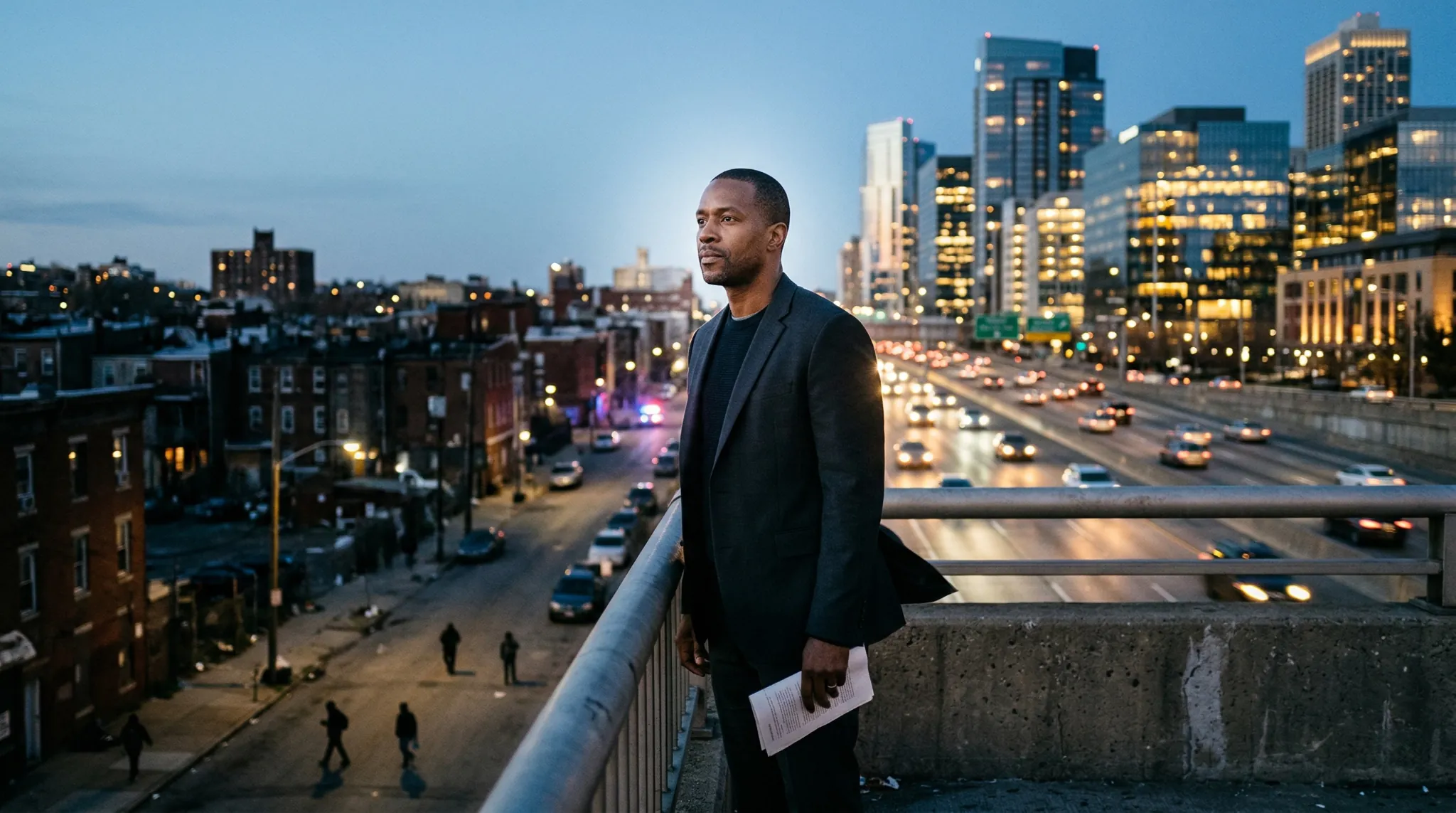 Hombre afrodescendiente de pie sobre un puente urbano al atardecer, observando una ciudad dividida entre zonas modernas y barrios vulnerables, inspirado en el legado de Martin Luther King y la justicia social