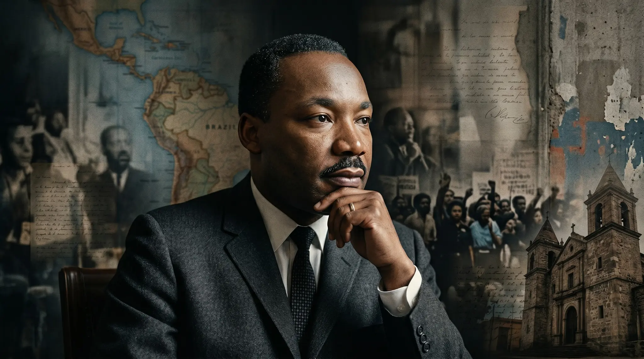 Retrato editorial de Martin Luther King con mapa de América Latina y escenas históricas que representan su pensamiento sobre justicia, no violencia e internacionalismo
