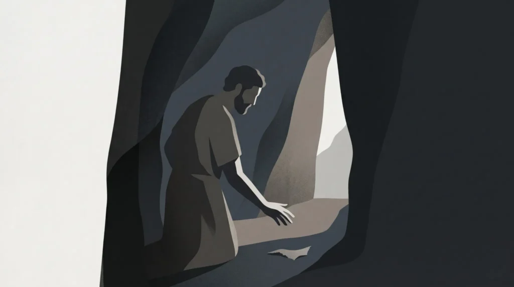 Ilustración editorial de David en la cueva de Engadi simbolizando el perdón y la decisión de no vengarse frente a su enemigo en la Biblia