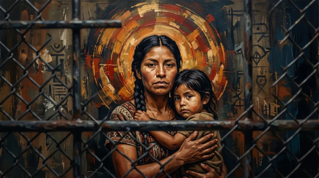 Madre latina y niña detrás de una reja, representación simbólica de migración, fe y resistencia frente al poder en contexto bíblico y social