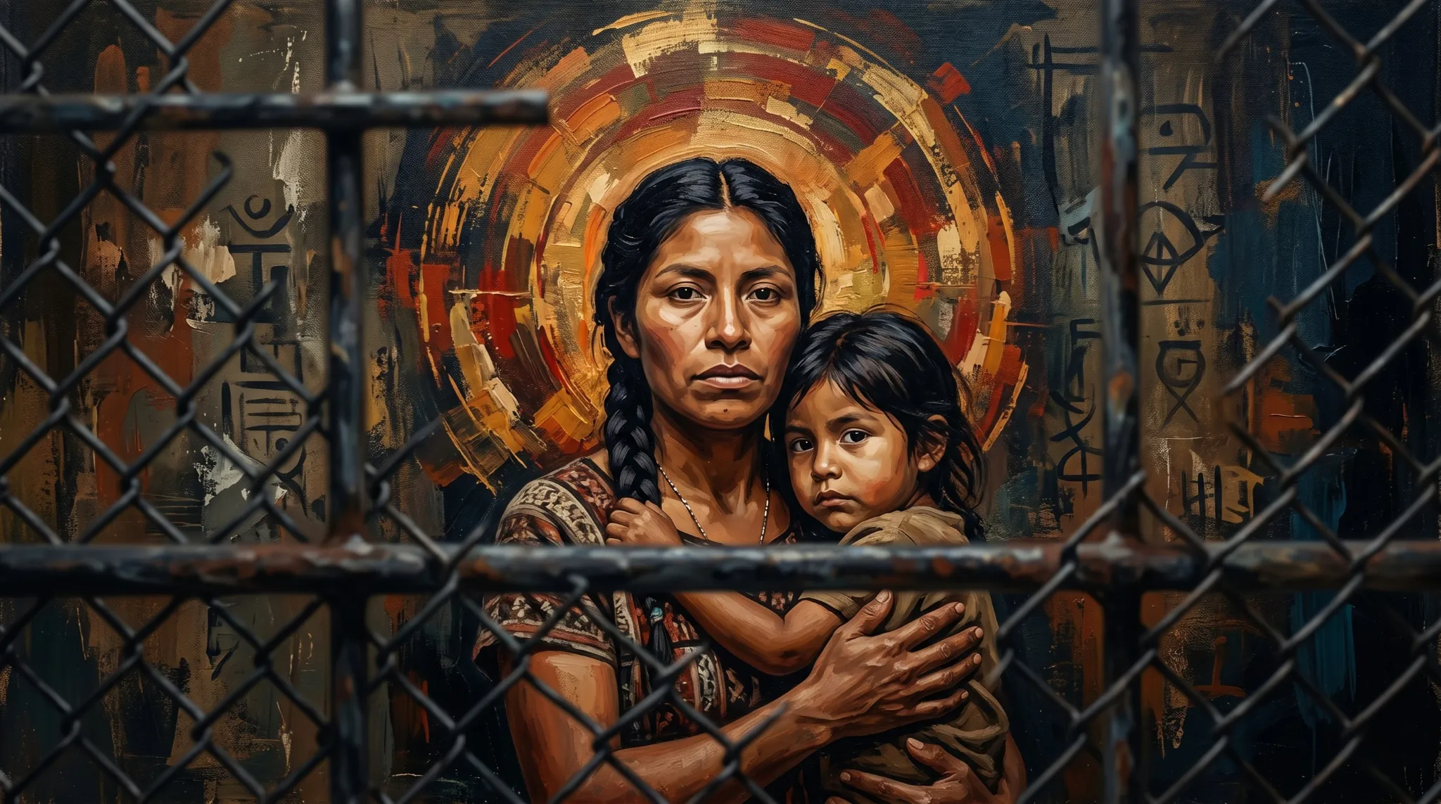 Madre latina y niña detrás de una reja, representación simbólica de migración, fe y resistencia frente al poder en contexto bíblico y social