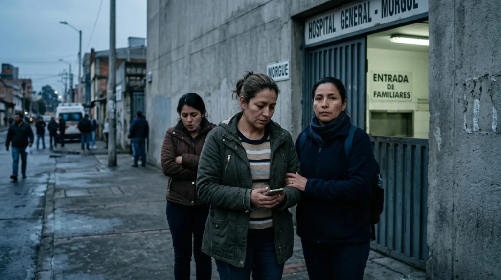 Mujeres en América Latina frente a una morgue al amanecer, en escena urbana contemporánea que evoca el anuncio de la resurrección en labios de mujeres.
