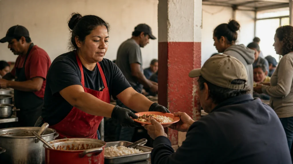 Mujer sirve comida a un hombre en comedor comunitario en México, representando la fe cristiana en acción y el amor al prójimo en contexto de ayuda social