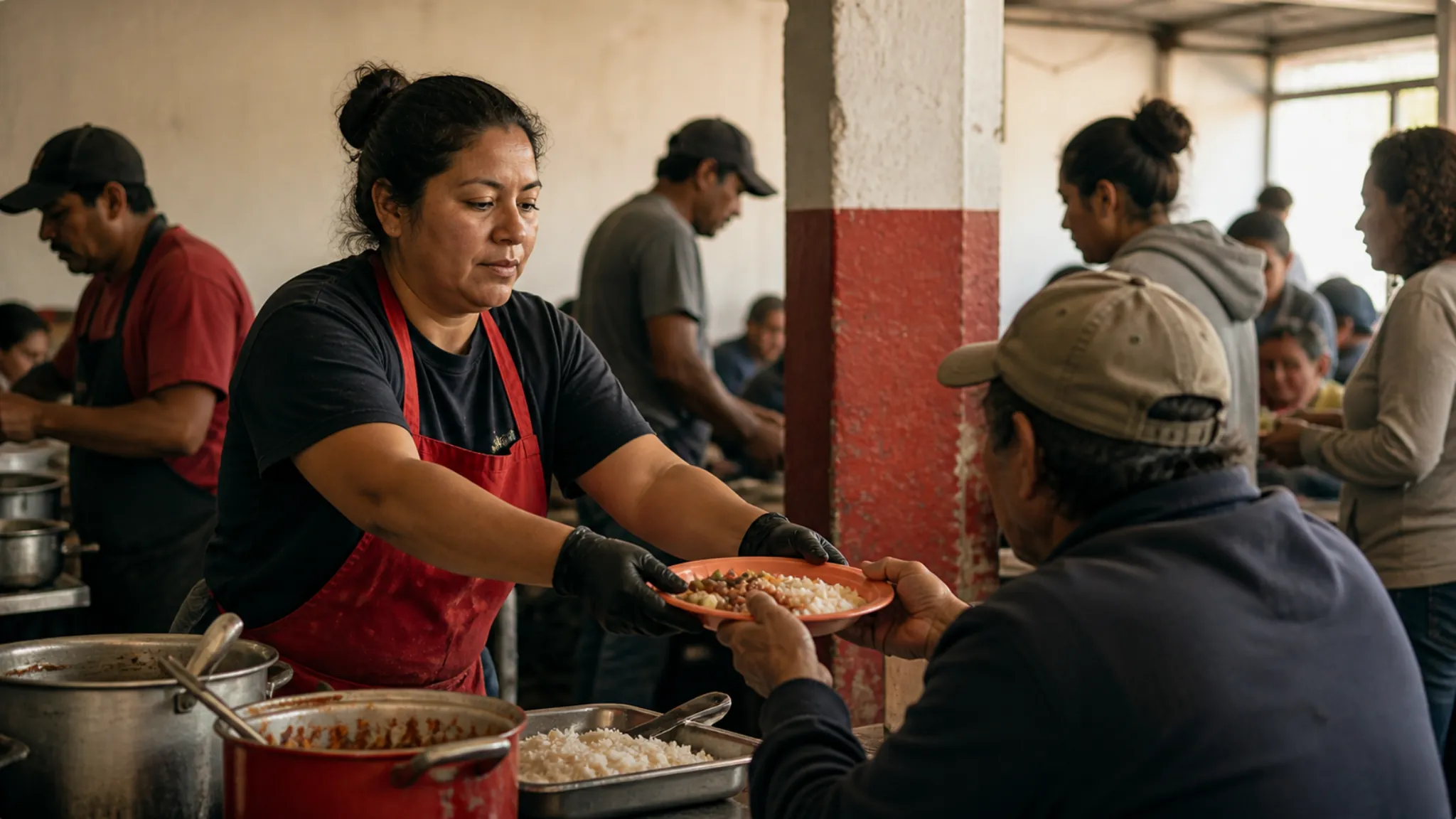 Mujer sirve comida a un hombre en comedor comunitario en México, representando la fe cristiana en acción y el amor al prójimo en contexto de ayuda social