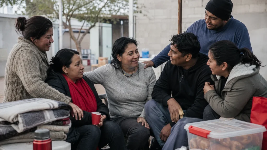 Grupo de personas migrantes reunidas en comunidad compartiendo apoyo y cuidado mutuo como expresión de amor cristiano y koinonía.