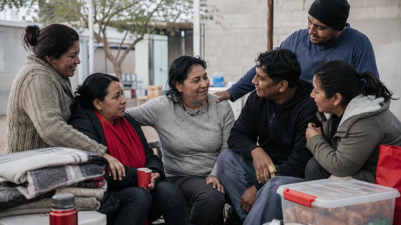 Grupo de personas migrantes reunidas en comunidad compartiendo apoyo y cuidado mutuo como expresión de amor cristiano y koinonía.