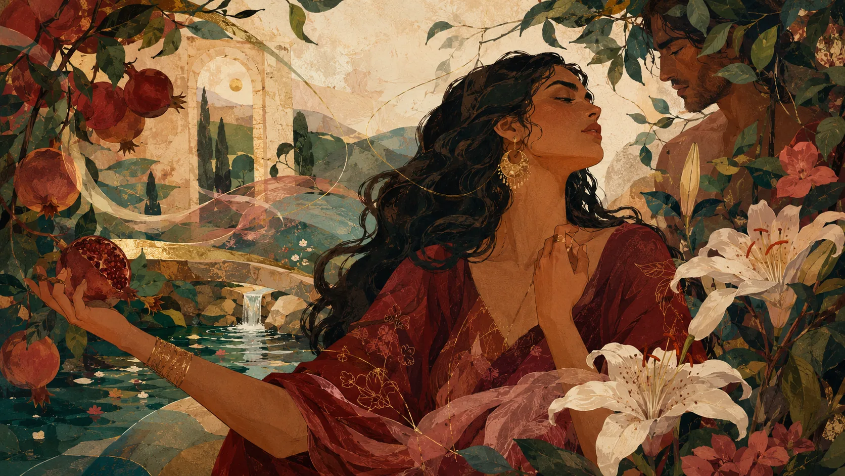 Ilustración editorial del Cantar de los Cantares desde una mirada teológica feminista, con una mujer en un jardín simbólico de granadas, lirios y agua.