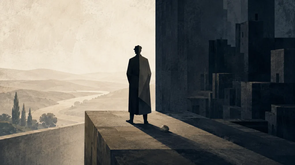Ilustración editorial de David como un nuevo Saúl, una figura solitaria entre luz y sombra que simboliza poder, caída moral y responsabilidad.