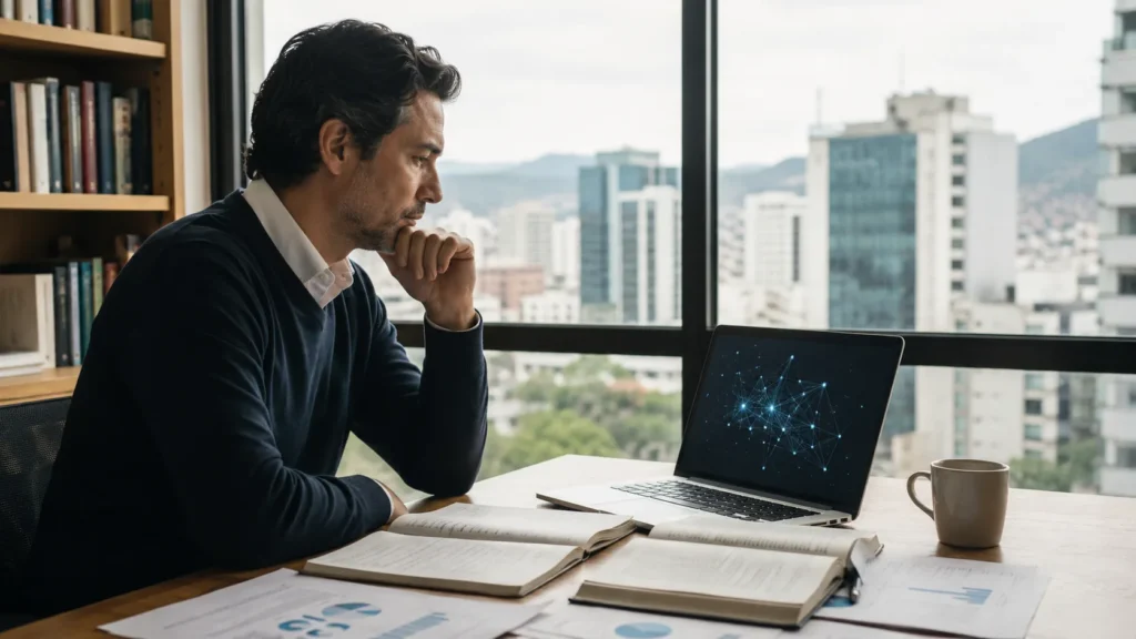 Hombre reflexiona frente a una laptop con visualización de inteligencia artificial, libros y gráficos económicos, en una lectura sobre la encíclica de León XIV.