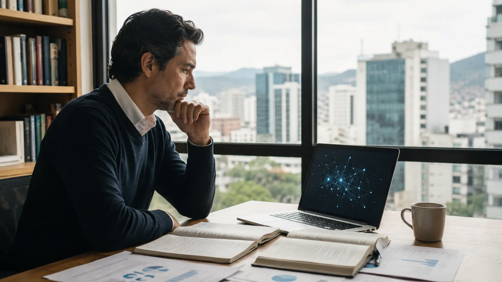 Hombre reflexiona frente a una laptop con visualización de inteligencia artificial, libros y gráficos económicos, en una lectura sobre la encíclica de León XIV.