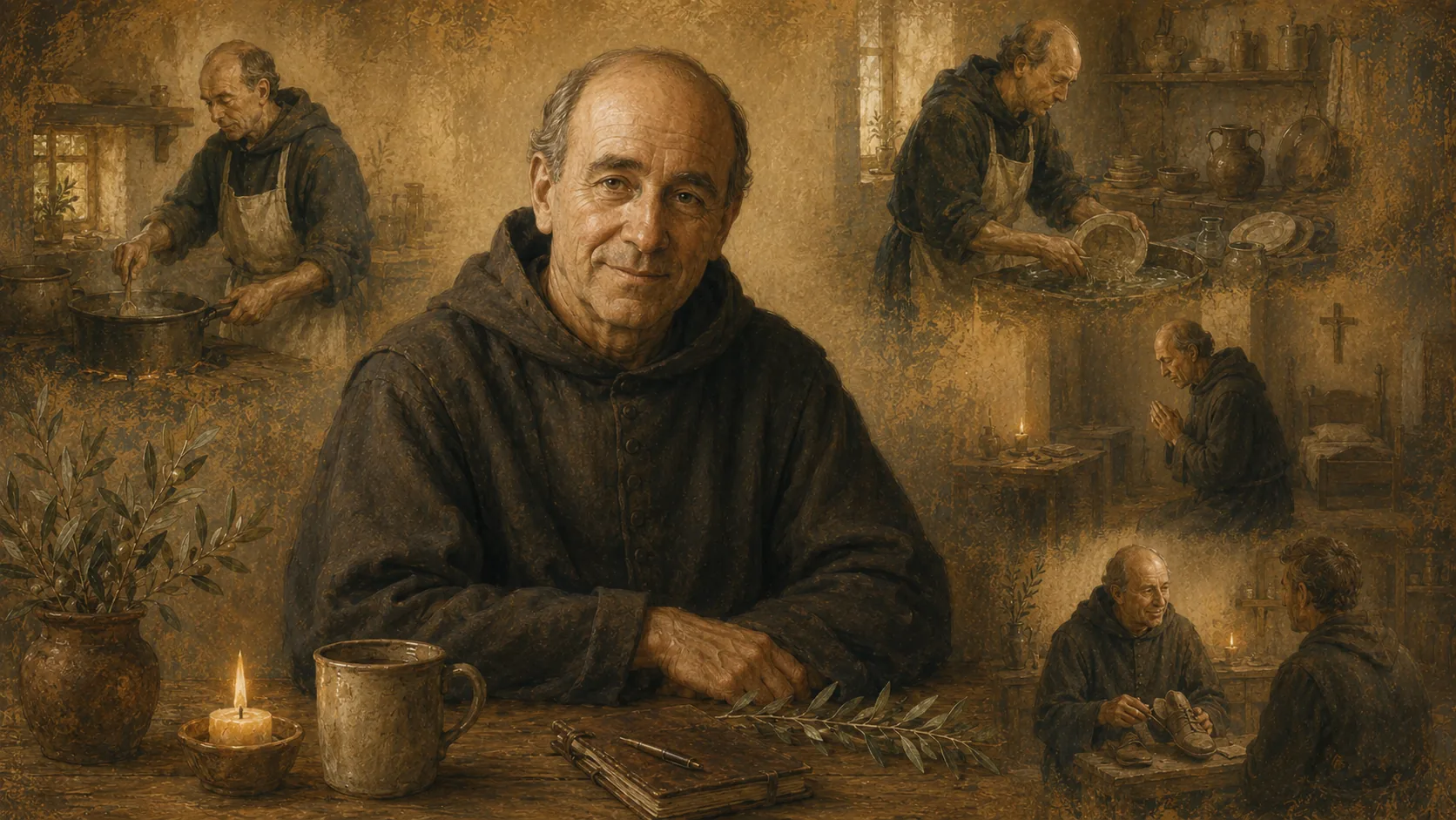 Ilustración del Hermano Lorenzo en una escena monástica cotidiana, inspirada en la práctica de encontrar a Dios en el trabajo, la oración y las tareas simples.