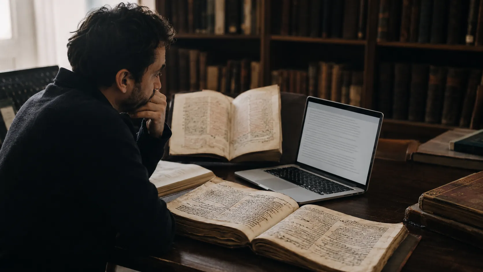 Hombre reflexiona en una biblioteca antigua frente a manuscritos y una laptop, evocando el diálogo entre inteligencia artificial, fe y humanidad.