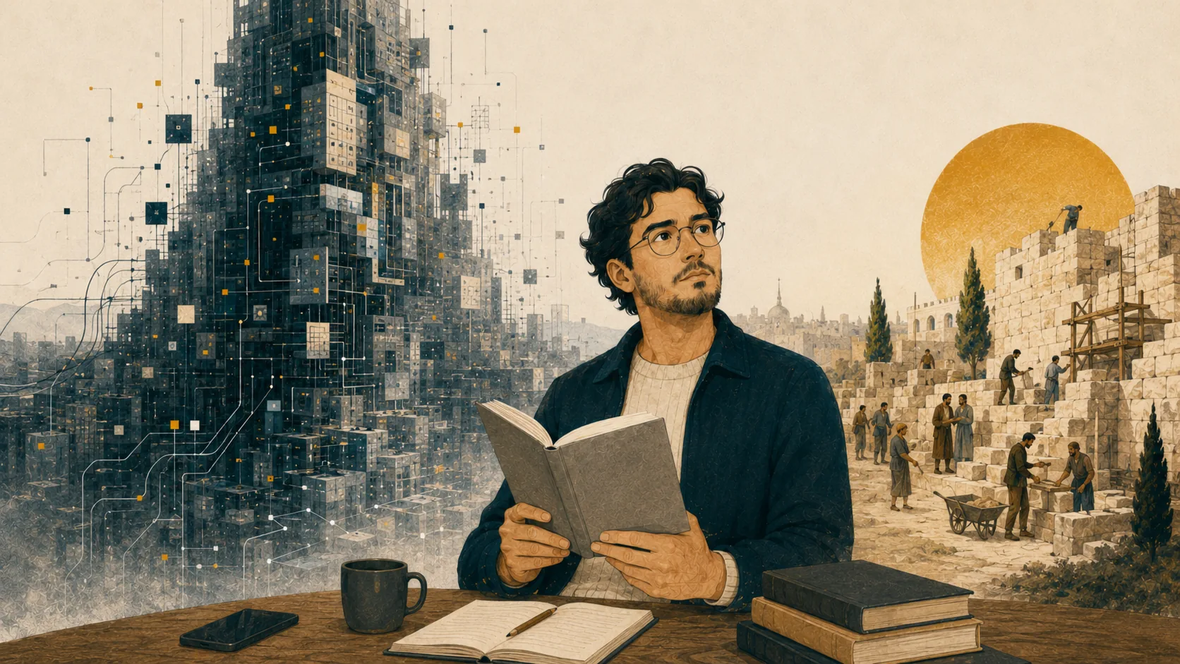 Ilustración editorial sobre Magnifica humanitas, inteligencia artificial y dignidad humana, con contraste entre Babel digital y reconstrucción comunitaria.