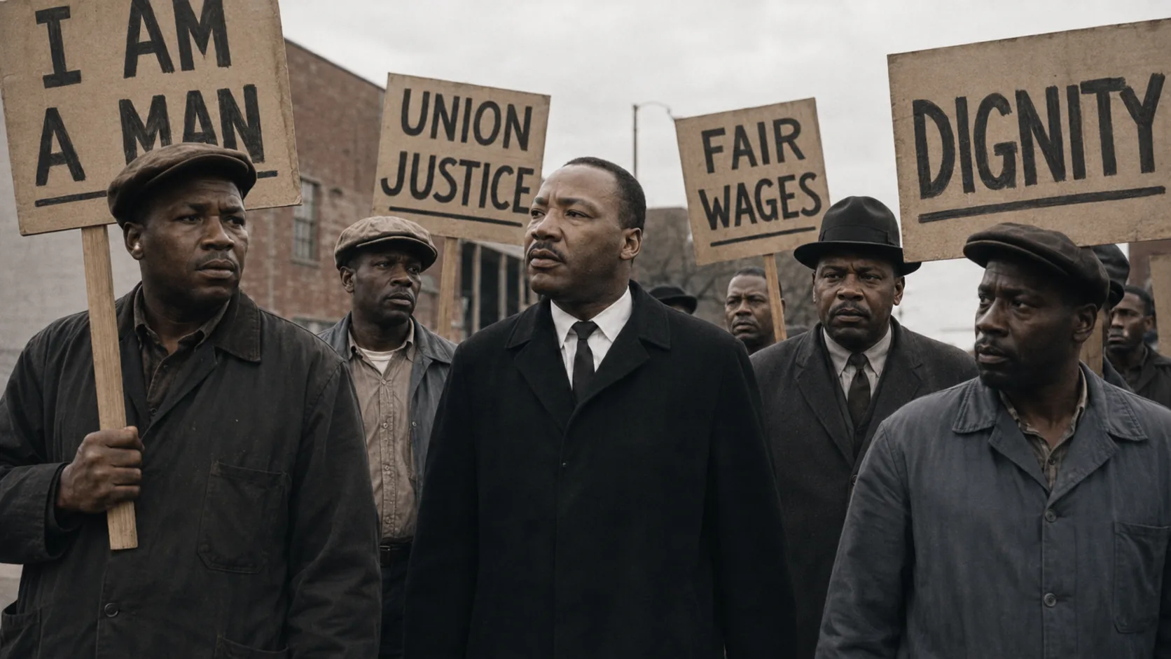 Martin Luther King Jr. junto a trabajadores en una marcha obrera por dignidad, justicia sindical y salarios justos.