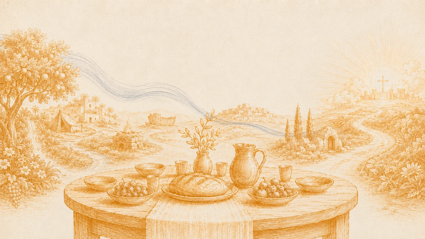 Ilustración bíblica de una mesa con pan, frutos y copa en un paisaje que recorre la historia de la salvación desde Génesis hasta Apocalipsis.