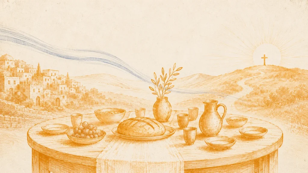Ilustración editorial de una mesa común con pan, copas y camino hacia la cruz, símbolo de unidad cristiana, reconciliación y misión.
