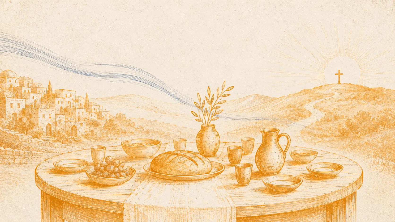 Ilustración editorial de una mesa común con pan, copas y camino hacia la cruz, símbolo de unidad cristiana, reconciliación y misión.