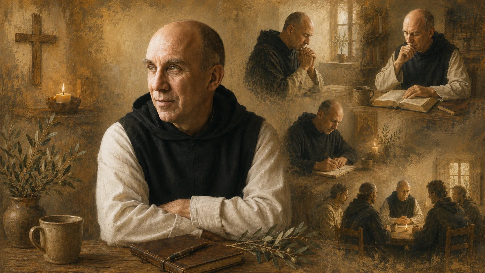Thomas Merton en una escena contemplativa con libros, vela y momentos de oración, lectura bíblica y vida espiritual comunitaria.