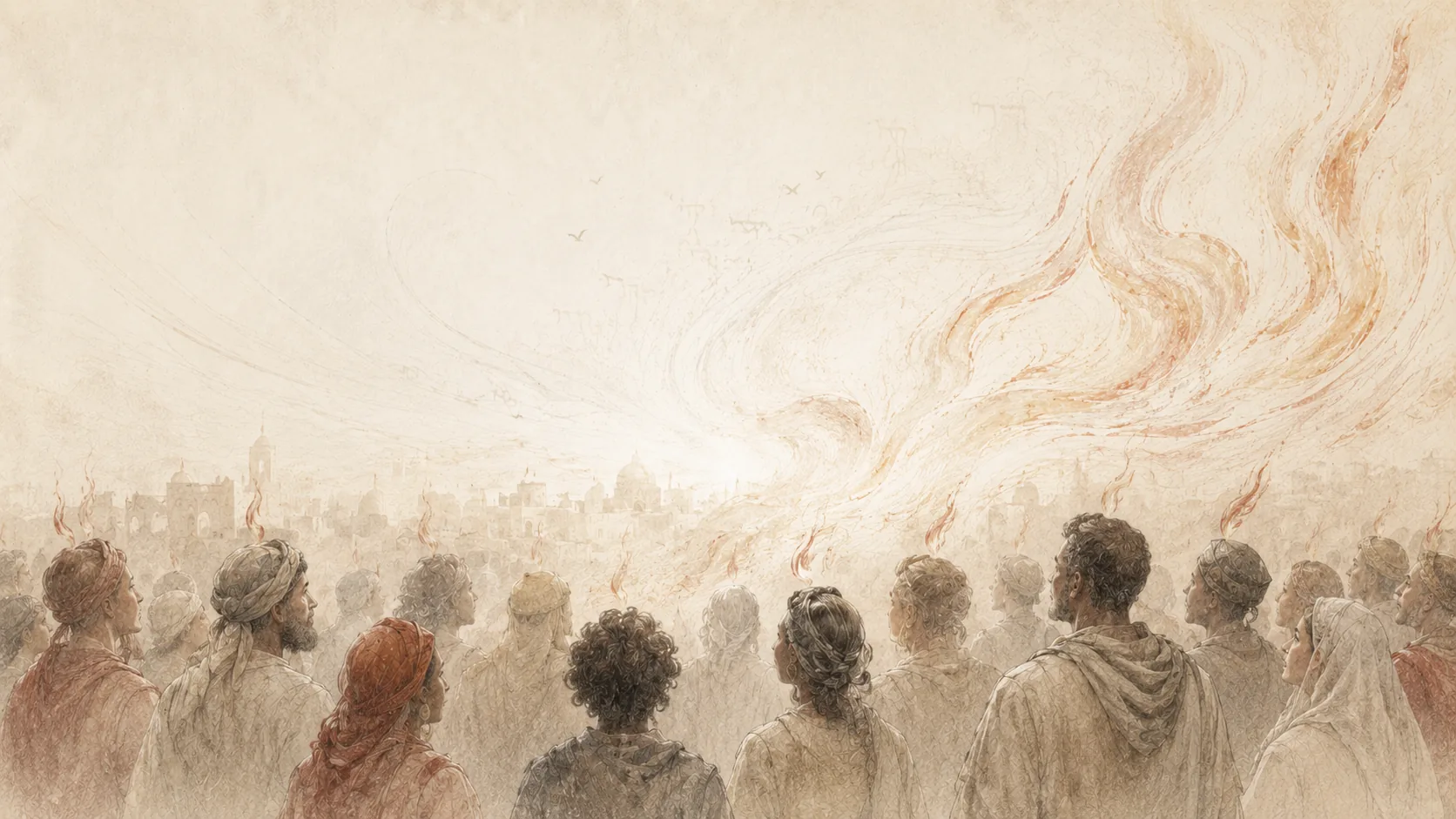 Multitud diversa reunida en Pentecostés bajo el fuego del Espíritu, imagen sobre diversidad, lenguas y nacimiento de la Iglesia.